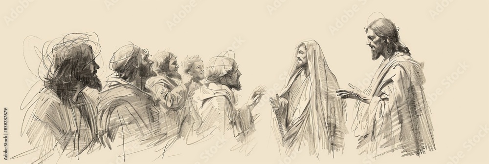 Obraz premium Jesus Appearing to His Disciples After His Resurrection, Biblical Illustration of Faith and Assurance, Ideal for Religious Banner,Christian banner