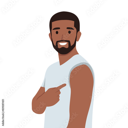 Young man showing his arm with band aid after vaccine. Man vaccinated. Flat vector illustration isolated on white background