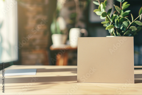 Blank card with empty space for text on a wooden table with blurry background of a room with brick wall and plants