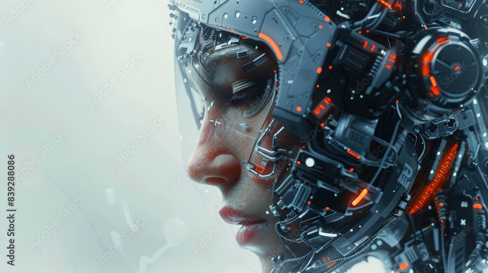 Futuristic Cybernetic Human Illustration with Metallic Implants and Digital Interfaces Futuristic Cybernetic Human Illustration with Metallic Implants and Digital Interfaces