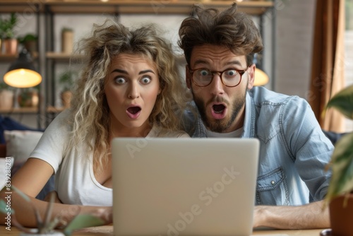 Persons showing surprise while looking at laptop photo