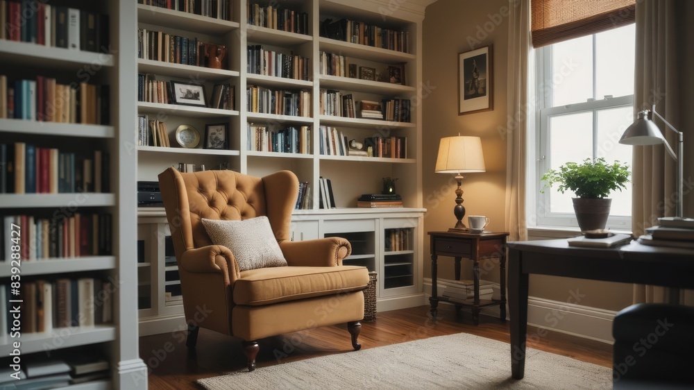 Cinematic Photo of a Comfortable Reading Nook in a Home Office with a Bookshelf, Cozy Chair, and Side Table with a Cup of Tea, Capturing a Tranquil and Inviting Atmosphere Cinematic Photo of a Comfortable Reading Nook in a Home Office with a Bookshelf, Cozy Chair, and Side Table with a Cup of Tea, Capturing a Tranquil and Inviting Atmosphere