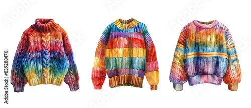 Three colorful knit sweaters are shown in a row