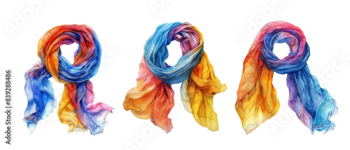 Three colorful scarves are shown in a row