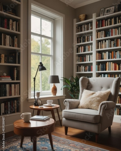 Cinematic Photo of a Comfortable Reading Nook in a Home Office with a Bookshelf, Cozy Chair, and Side Table with a Cup of Tea, Capturing a Tranquil and Inviting Atmosphere