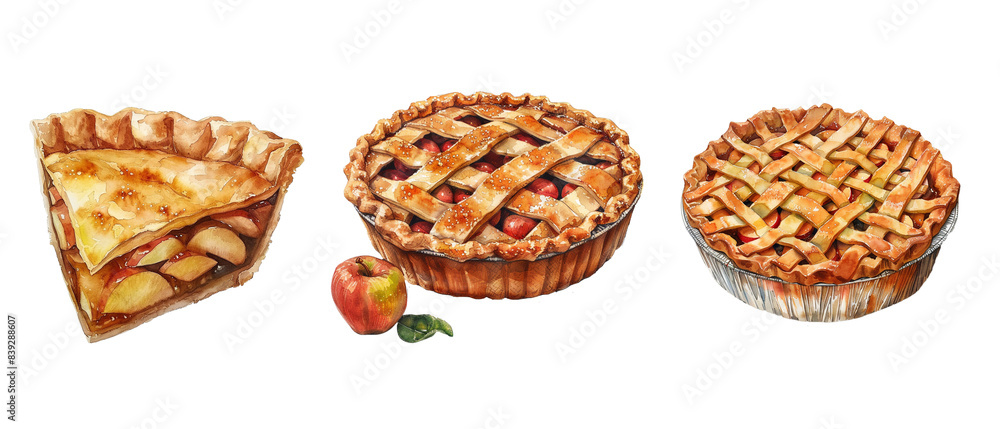 Three pies with lattice crusts and apples on top Three pies with lattice crusts and apples on top