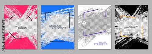 Vector illustration. Abstract color frame set. Halftone dots. Ink brush strokes design for poster, invitation, gift card, coupon, book cover, photography overlay frame, web banner. Paint splatter