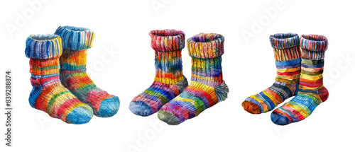 watercolor collectoin of colorful socks with different patterns. isolate on background.