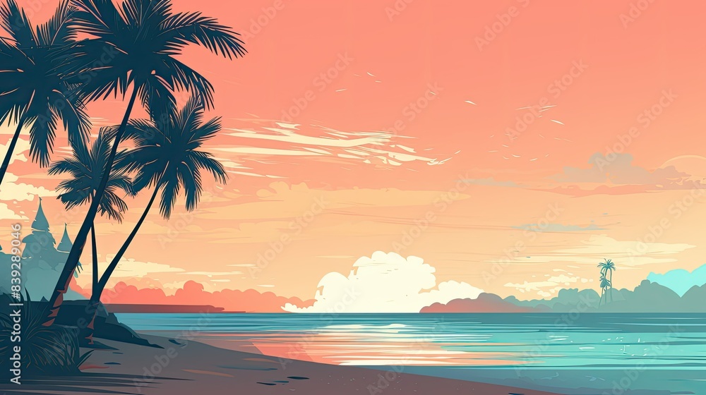 Obraz premium illustration of a tranquil morning summer beach scene with palm trees