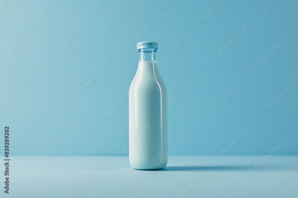 A clean and simple image of a milk bottle set against a blue background. The minimalistic approach highlights the purity and freshness of the milk, ideal for advertising dairy products. A clean and simple image of a milk bottle set against a blue background. The minimalistic approach highlights the purity and freshness of the milk, ideal for advertising dairy products.