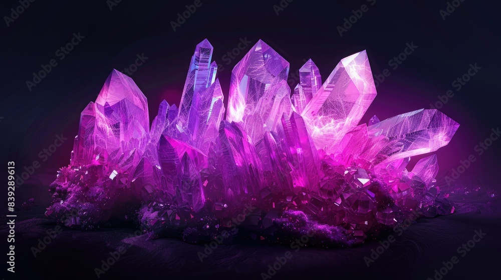 Luminescent ultraviolet crystals glowing in the dark. Surreal and magical crystal formation Luminescent ultraviolet crystals glowing in the dark. Surreal and magical crystal formation