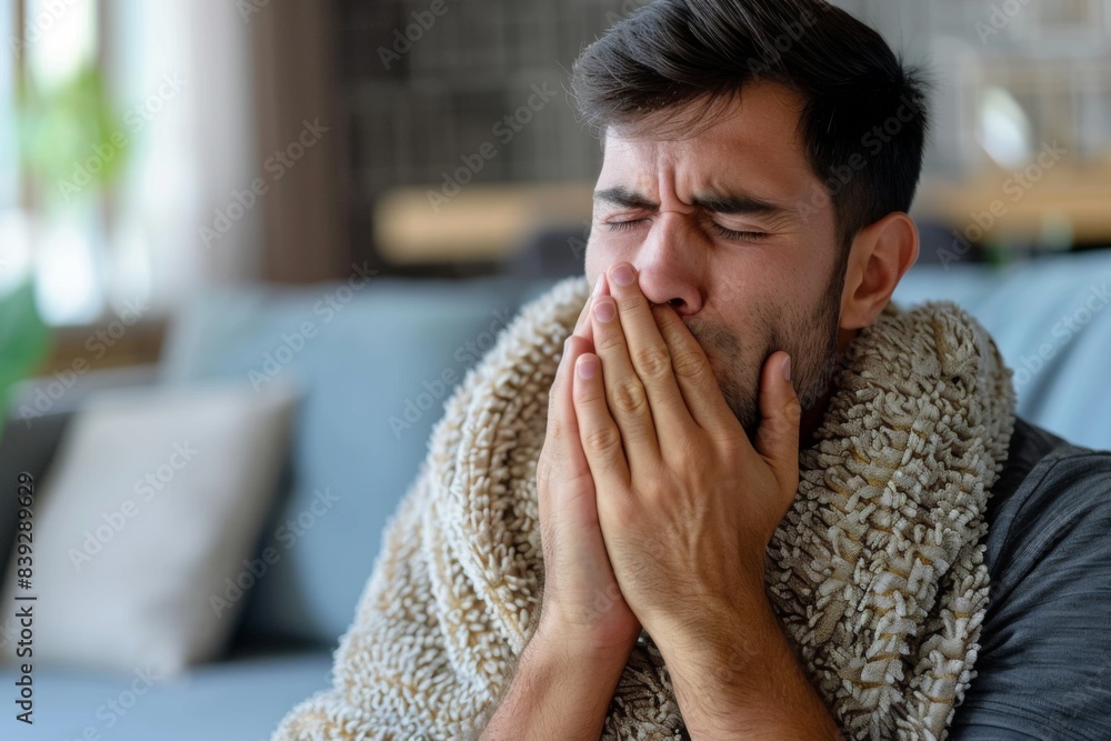 Person resting on sofa with hands covering face Person resting on sofa with hands covering face