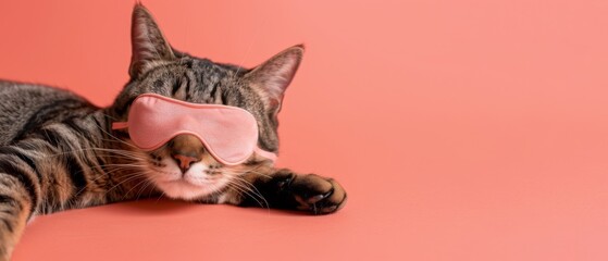 Funny relaxing chilling animal banner background - Energyless, lazy cat with sleeping mask, lying, isolated on pink background