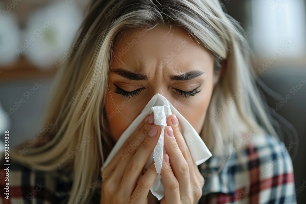 Blond woman in plaid blowing nose holding tissue Blond woman in plaid blowing nose holding tissue