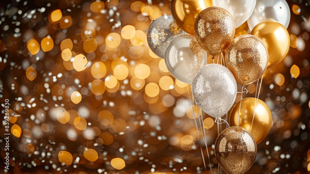 A celebratory setting with balloons and confetti in shades of gold, silver, and white A celebratory setting with balloons and confetti in shades of gold, silver, and white