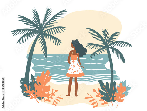 Woman stands ocean, gazing waves, surrounded tropical plants, palms. Female sundress enjoys serene beach scene, calm seashore, sunset ambiance. Tranquil beach holiday graphic, calming seaside