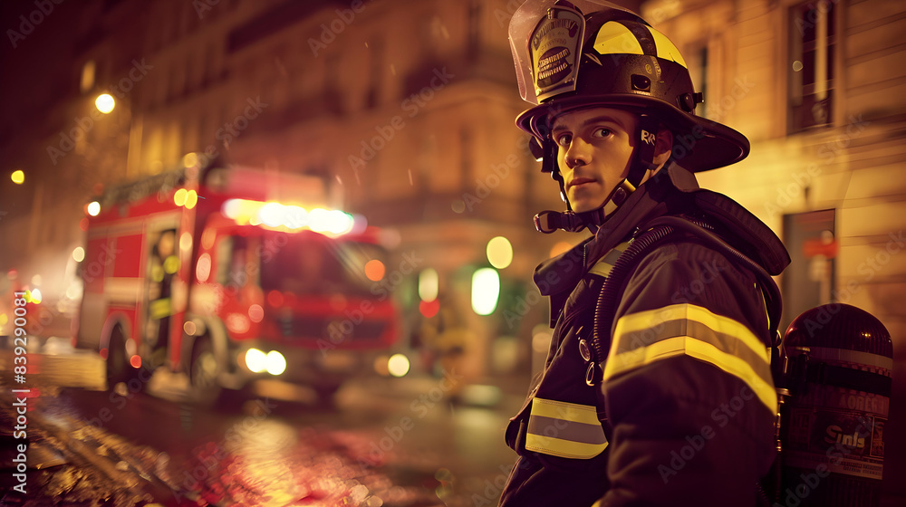 A firefighter in full gear in front of a fire truck in Paris, with a backdrop of historic architecture and dramatic lighting emphasizing the heroic nature of the profession A firefighter in full gear in front of a fire truck in Paris, with a backdrop of historic architecture and dramatic lighting emphasizing the heroic nature of the profession