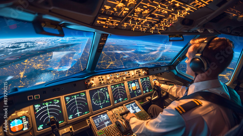 A pilot in the cockpit of a commercial airplane, preparing for takeoff, the intricate controls and expansive view of the runway visible, with precise lighting highlighting the modern aviation setting