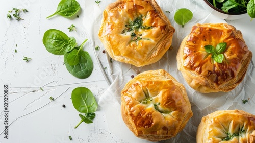 Beautifully baked puff pastries with green herbs on a rustic white table, suitable for a gourmet meal