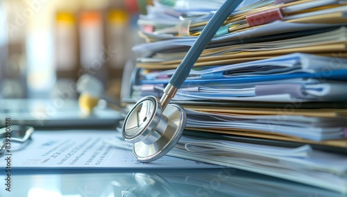 Stethoscope on medical file and documents stack in the style of hospital office, healthcare business photo