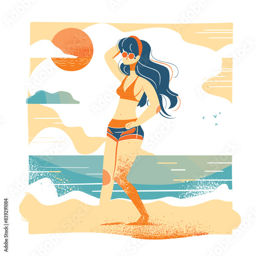 Woman walking beach sunset vector illustration, female enjoying seaside evening stroll. Young lady bikini walk along shore, ocean waves sunset background. Fashionable girl beachwear leisure time