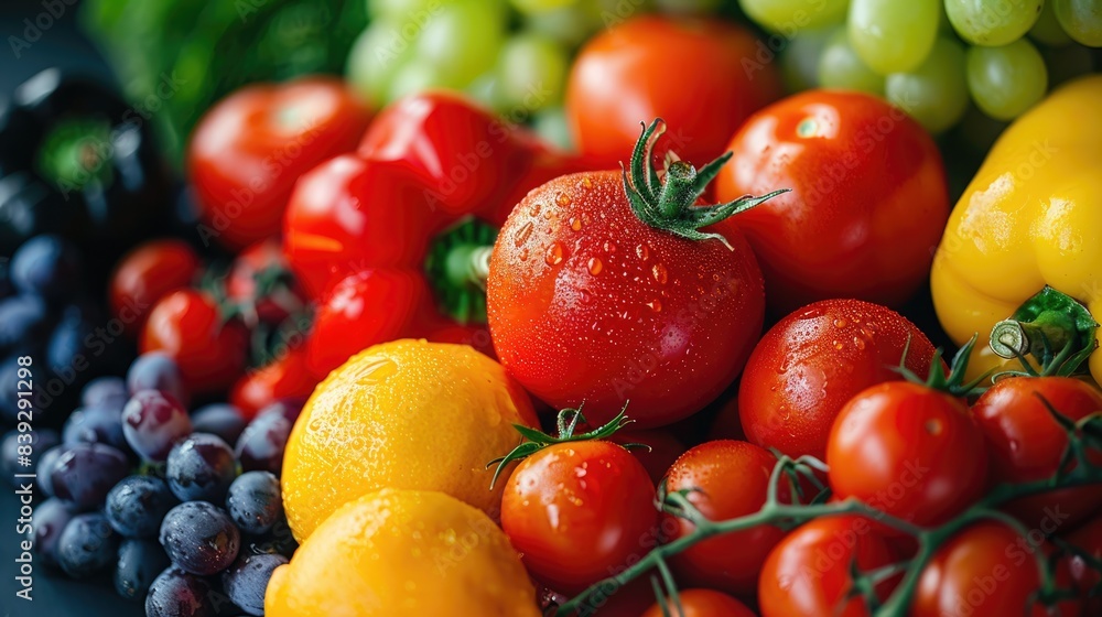 A variety of fresh and healthy vegetables and fruits, including tomatoes, grapes, and lemons. A variety of fresh and healthy vegetables and fruits, including tomatoes, grapes, and lemons.