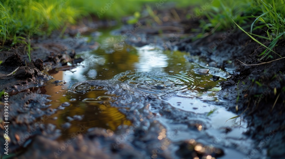 Obraz premium raindrops falling into a puddle of water, creating ripples and displacing the water droplets on the surface.