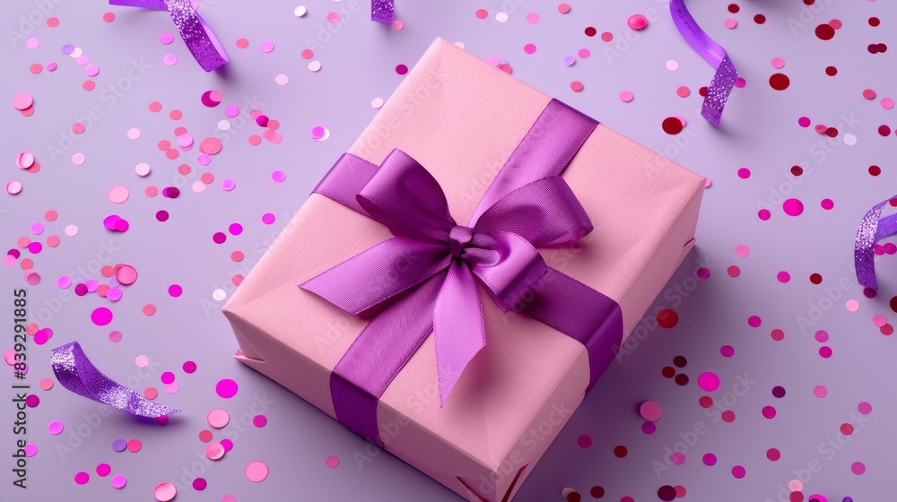 A gift box with a magenta ribbon on a lavender background A gift box with a magenta ribbon on a lavender background
