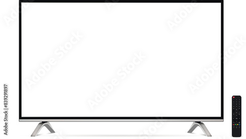 Realistic smart tv screen mockup with remote control
