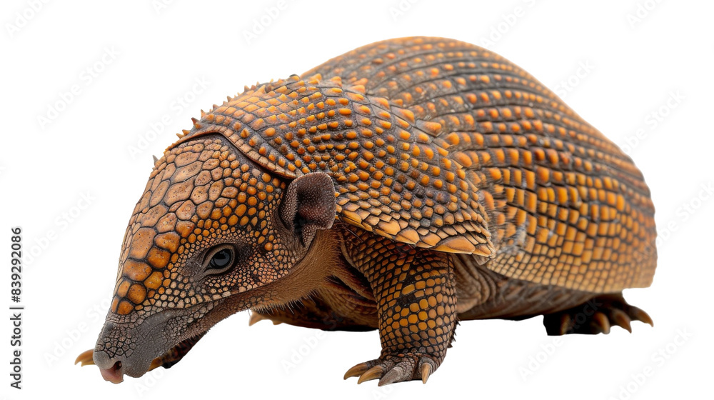 Fototapeta premium An armadillo with brown bands walks on a white background