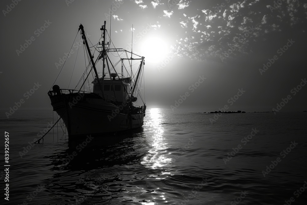 Obraz premium Sunlight breaks through clouds onto boat in water