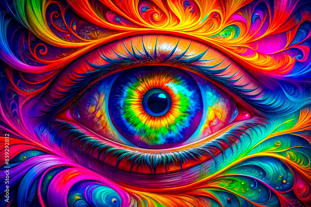 Fototapeta Vibrant Macro Digital Art: A Close-Up of a Neon Eye Amidst a Kaleidoscopic Spectrum of Colors