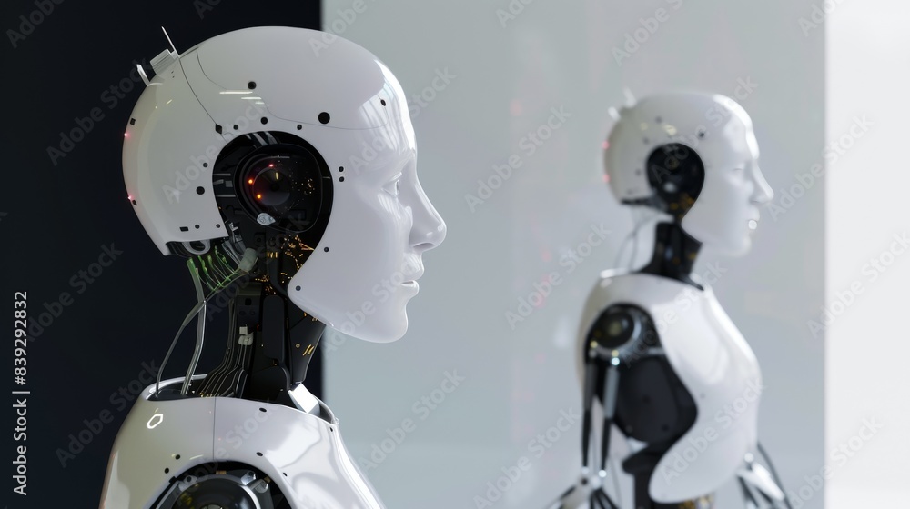 Naklejka premium artificial intelligence creates robotic technology --no text, titles, --ar 16:9 --quality 0.5 --stylize 0 Job ID: 9474e702-139f-44c3-92a8-a42965831a91