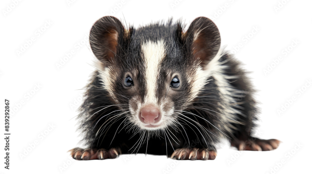 A young skunk with a black and white striped coat looks directly at the camera A young skunk with a black and white striped coat looks directly at the camera