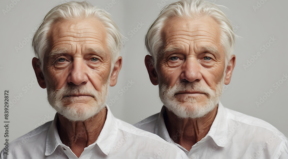 Portrait of an old man with wrinkled face on a plain white background with copy space, man aging concept, white hair
