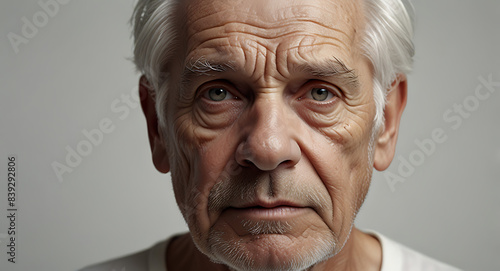 Portrait of an old man with wrinkled face on a plain white background with copy space, man aging concept, white hair 