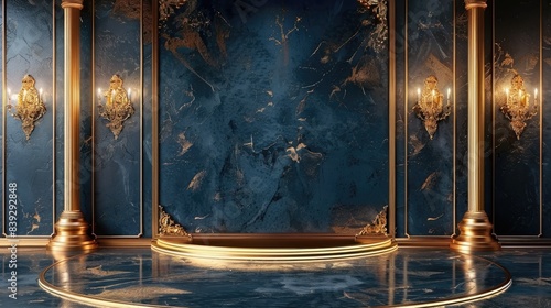  features a luxurious blue and gold ballroom with a marble floor, gold columns, and a gold stage. 