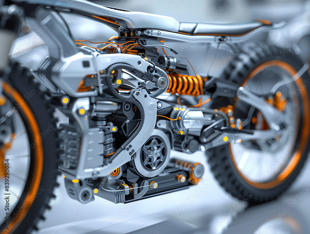 Fototapeta premium Close up of a futuristic motorcycle. The motorcycle is made of metal and has a sleek design. Generative ai.