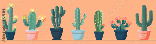 Variety of cactus in pots, including a saguaro, prickly pear, and barrel cactus on brown background. Minimal. Generative ai.