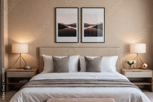 Wallpaper Mural Contemporary bedroom with beige color tone and a minimal painting frame, smooth color tone with comfortable and relax feeling. Torontodigital.ca