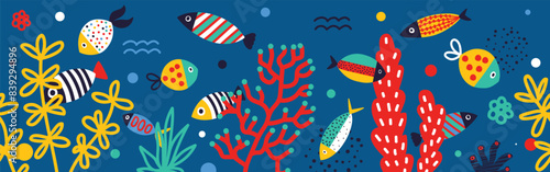 Sea vector seamless horizontal border.Can be used in textile industry, paper, background, scrapbooking.Diving, snorkeling.
