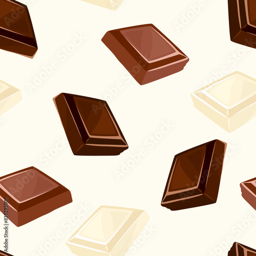 Chocolate seamless pattern. Pieces of black, white and milk chocolate. Sweets background. Vector cartoon flat illustration.