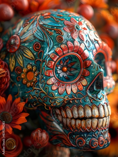 Vibrant Sugar Skull Adorned with Colorful Floral Patterns for Day of the Dead Celebration © taelefoto