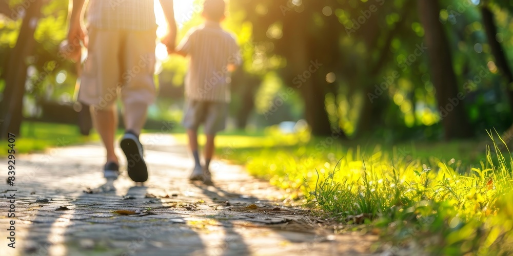 Obraz premium Father and son running in the park on a sunny day