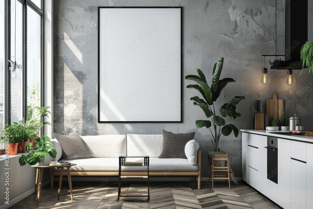 Poster mockup in scandinavian kitchen interior created with generative ai Poster mockup in scandinavian kitchen interior created with generative ai