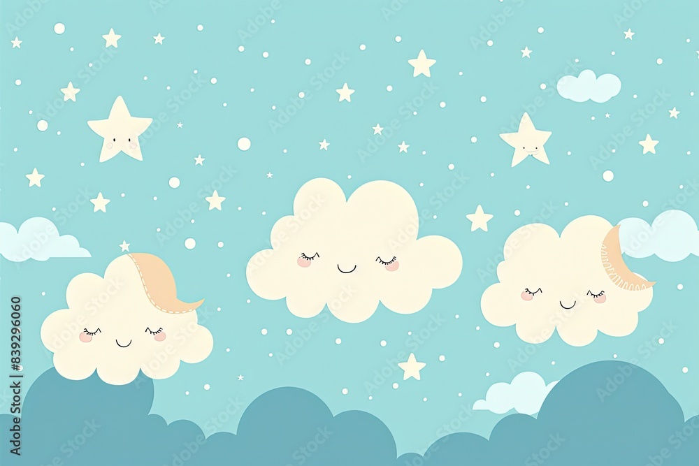 Minimalist design featuring smiling cloud shapes in a light blue sky with a few scattered stars Minimalist design featuring smiling cloud shapes in a light blue sky with a few scattered stars
