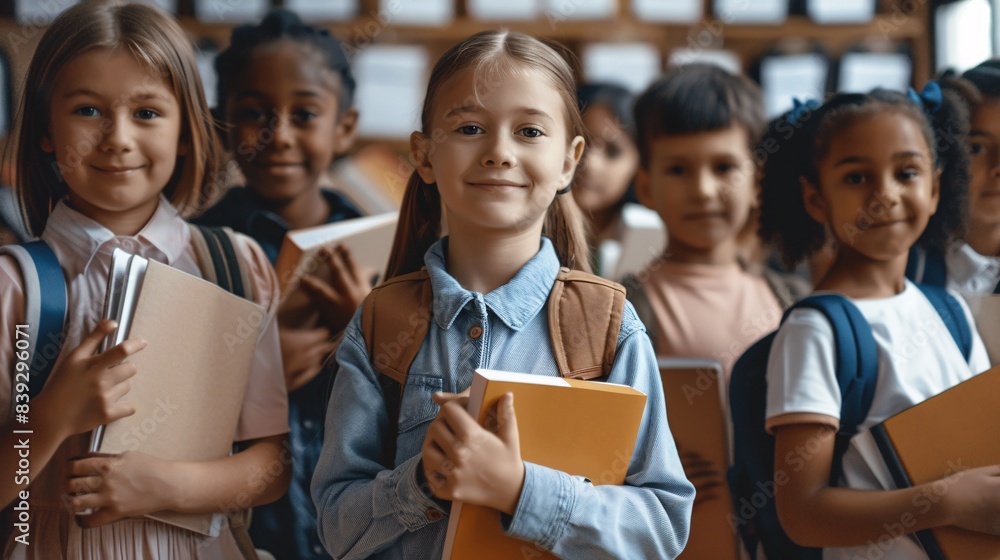 Portrait of smiling schoolgirl holding books and looking at camera. Portrait of smiling schoolgirl holding books and looking at camera.