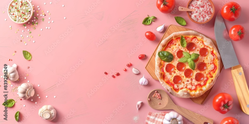 Pizza with tomatoes, basil, garlic and spices on pink background. Top view. Copy space. Pizza with tomatoes, basil, garlic and spices on pink background. Top view. Copy space.