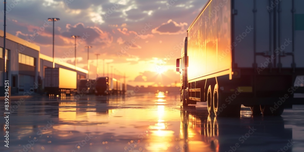 Semi trucks parked on a rainy day at sunset