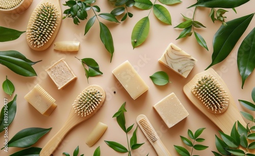 Eco-Friendly Composition of Natural Bristle Brushes, Organic Soaps, and Green Leaves on a Beige Background